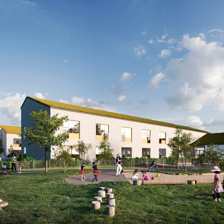 Illustration av det planerade äldreboendet och förskolan i Mönsterås kommun