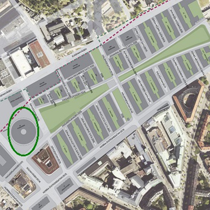 Illustration av Stockholm stad. Bilden avser en del av stadsutvecklingsområdet i Hagastaden, Stockholm. Inringad yta avser kv Forskaren.